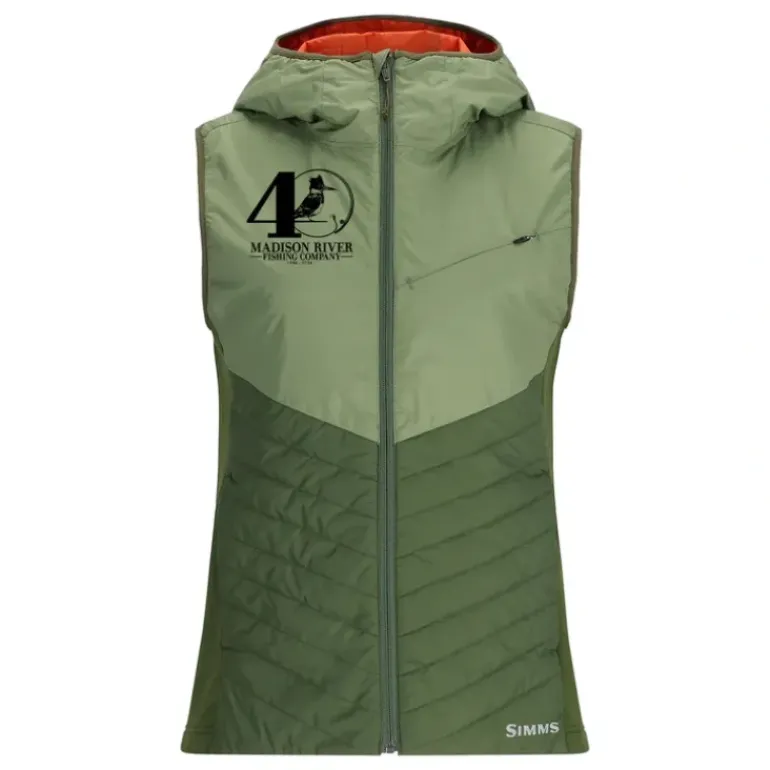 Simms 40th Logo Womens Fall Run Hybrid Hooded Vest Dark Clover/Riffle Green - Your Premium Fishing Gear Store Rods Lines Baits Accessories* Shop All