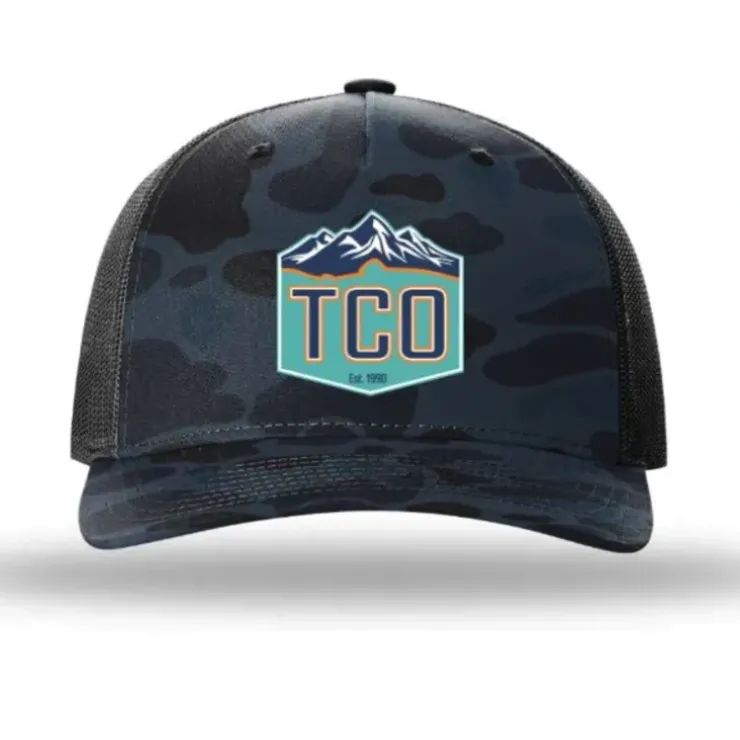 TCO Fly Shop Hat Crest Logo - Printed 5 Panel Trucker Camo - Your Premium Fishing Gear Store Rods Lines Baits Accessories^ Sale