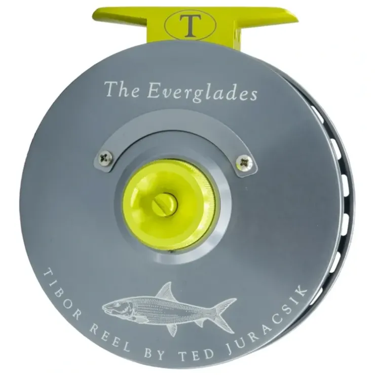 Tibor Everglades Reel Custom Graphite Grey Frame and Spool, Lemon Lime Drag Knob, Reel Foot and Stop Nut, Bonefish Engraving - Your Premium Fishing Gear Store Rods Lines Baits Accessories^ Store